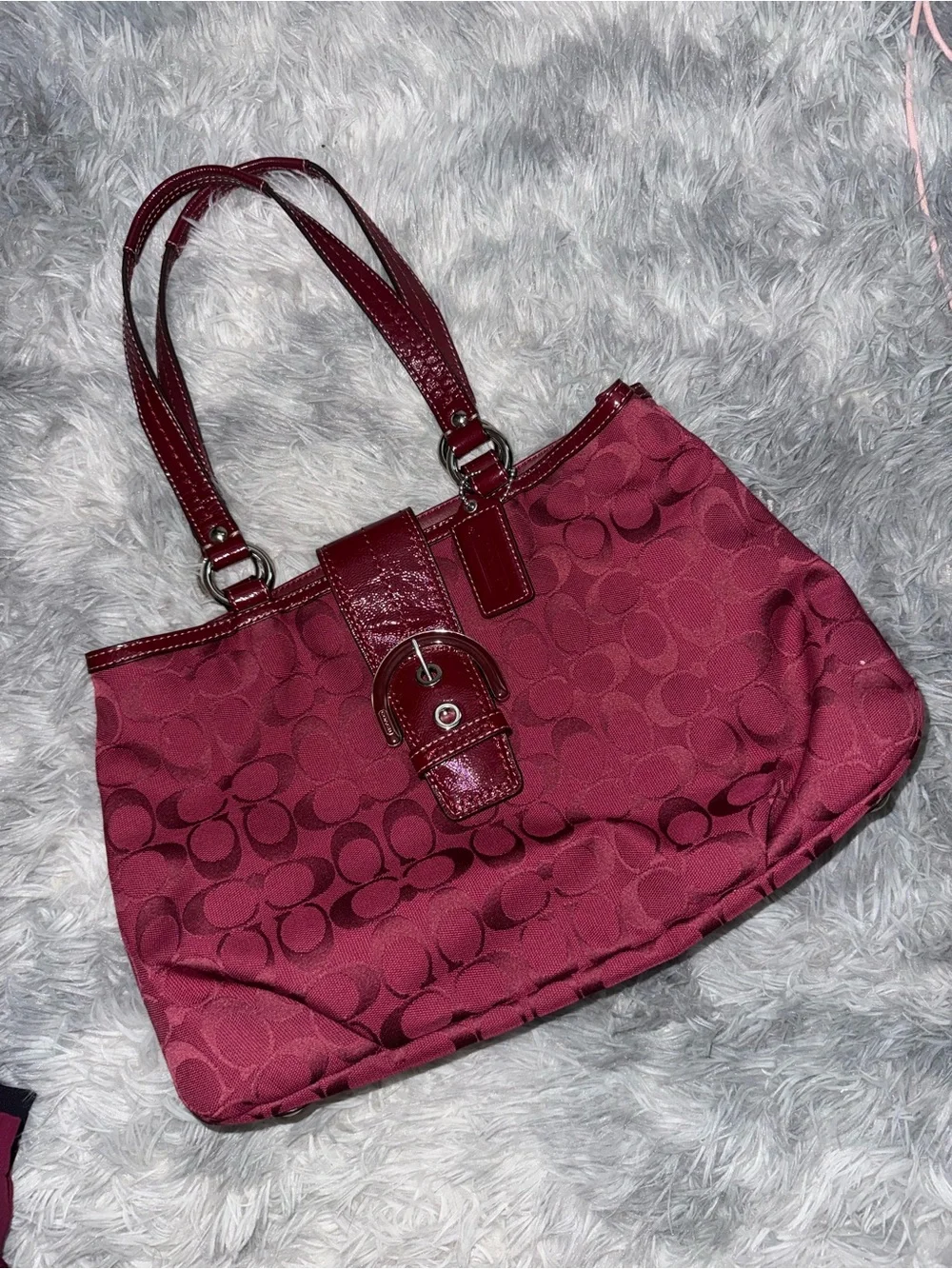 Coach Burgundy Signature Satchel with Buckle Accent